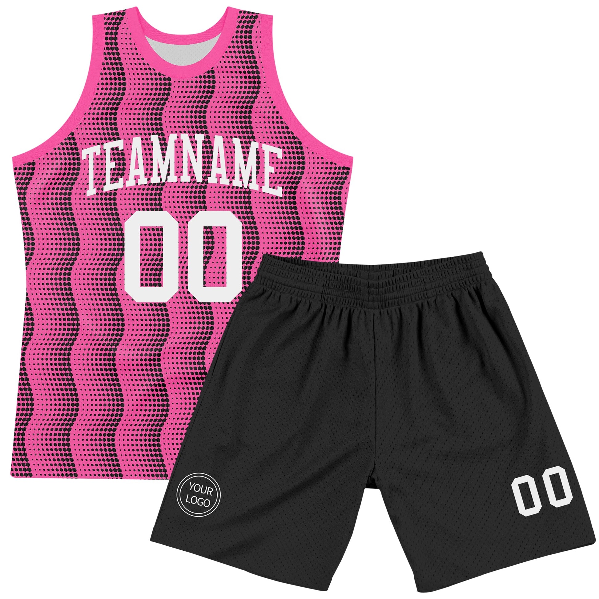 Custom Pink White-Black Geometric Shape Round Neck Sublimation Basketball Set Jersey view 2