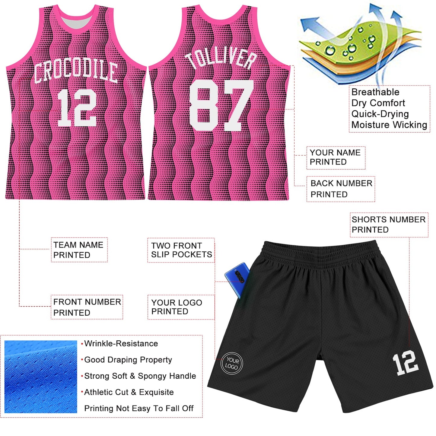Custom Pink White-Black Geometric Shape Round Neck Sublimation Basketball Set Jersey view 3