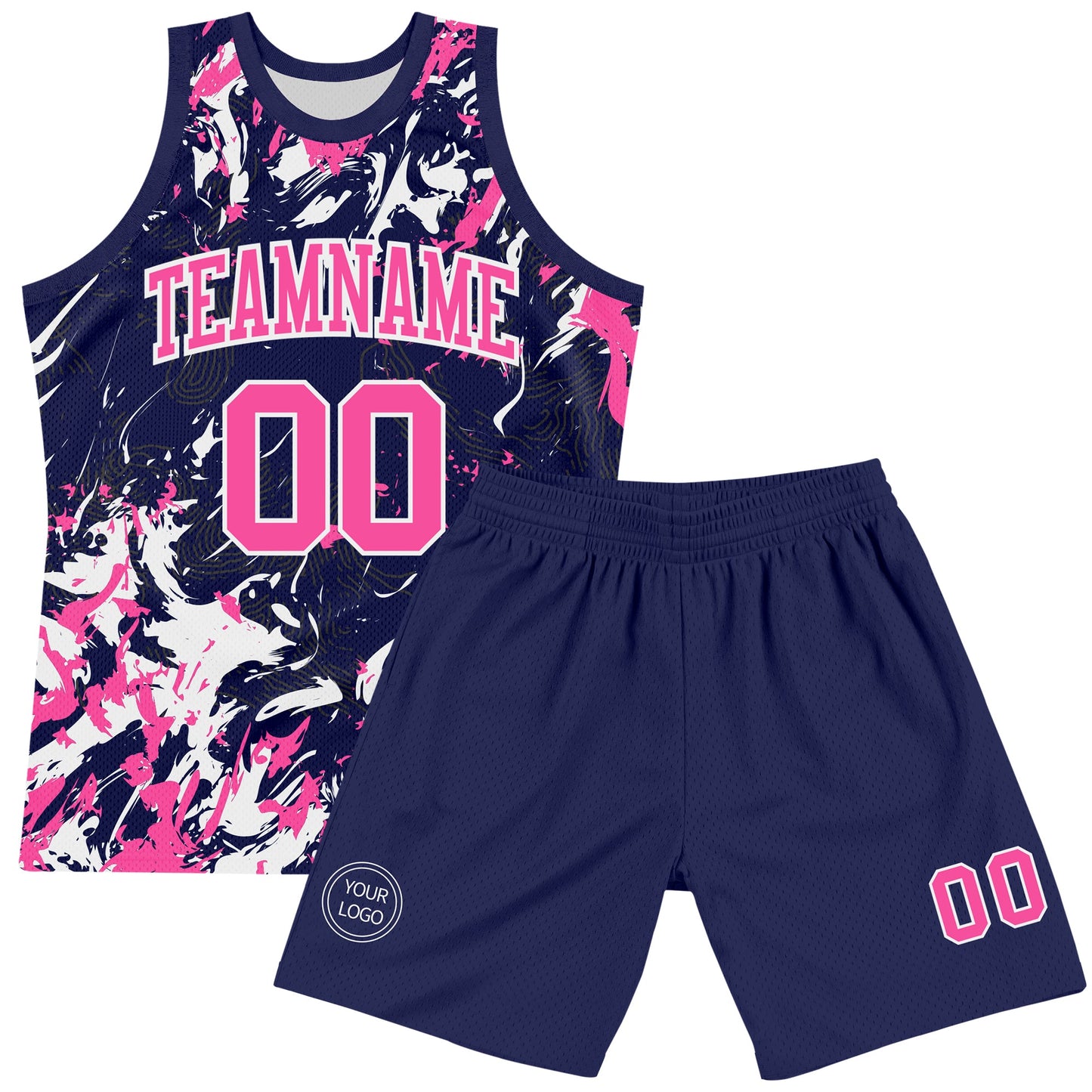 Custom Navy Pink-White Fluid Art Round Neck Sublimation Basketball Set Jersey view 2