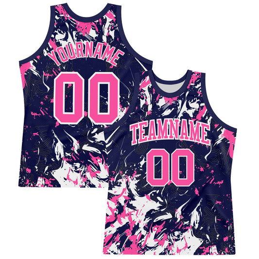 Custom Navy Pink-White Fluid Art Round Neck Sublimation Basketball Set Jersey - Main View