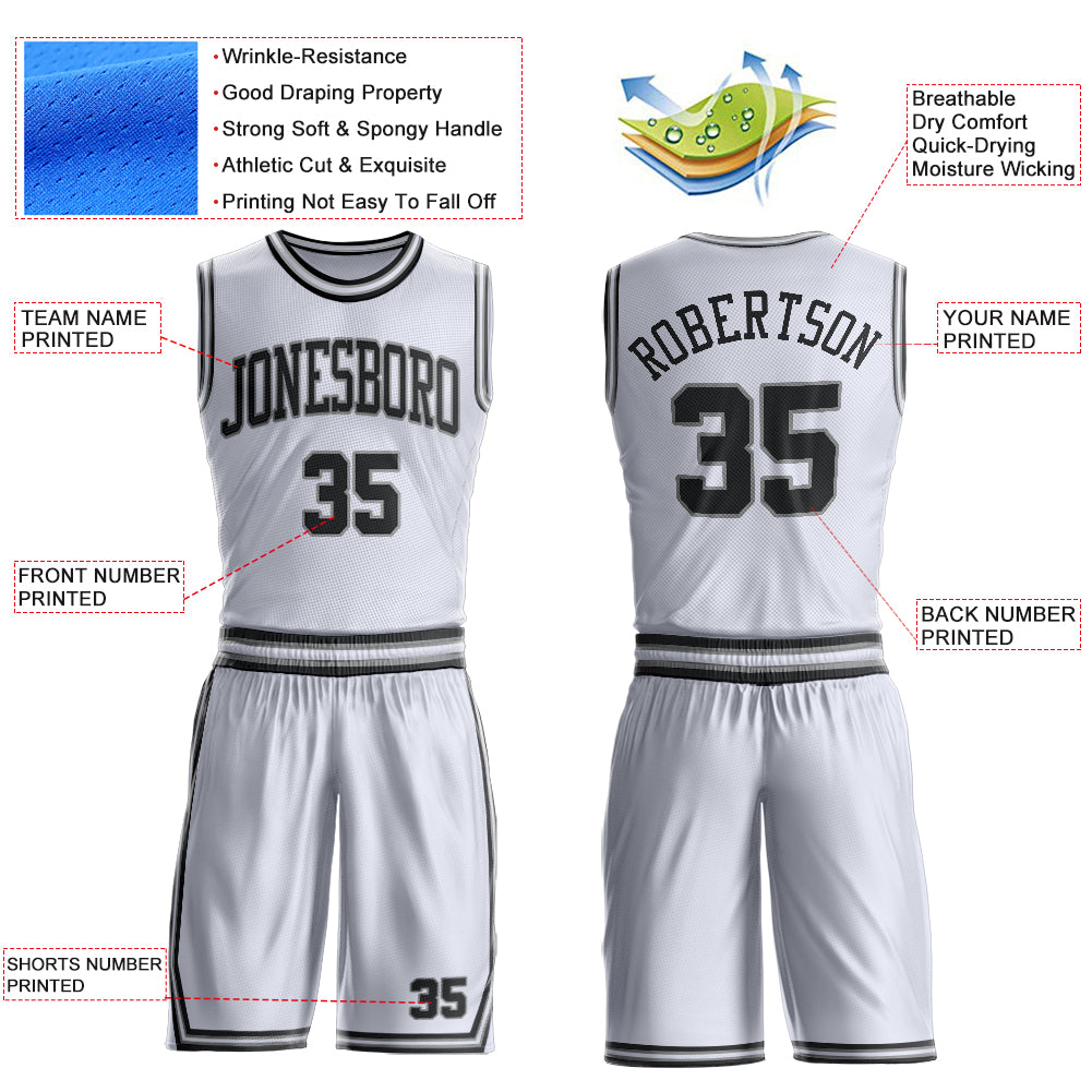 Custom White Black-Gray Round Neck Basketball Uniform Jersey view 4