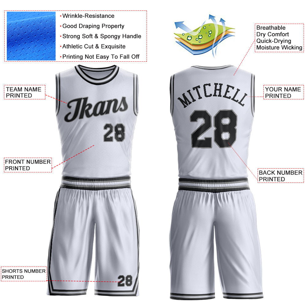 Custom White Black-Gray Round Neck Basketball Uniform Jersey view 4