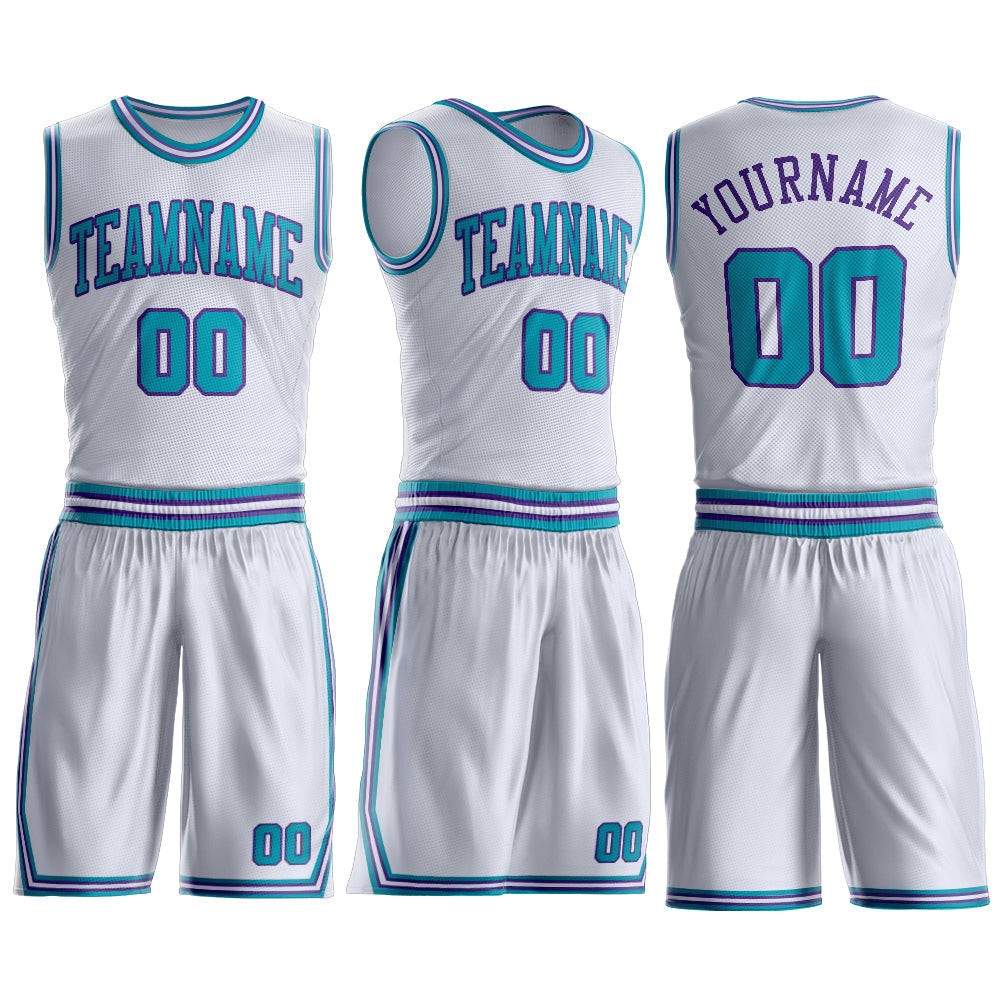 Custom White Teal-Purple Round Neck Basketball Uniform Jersey view 3