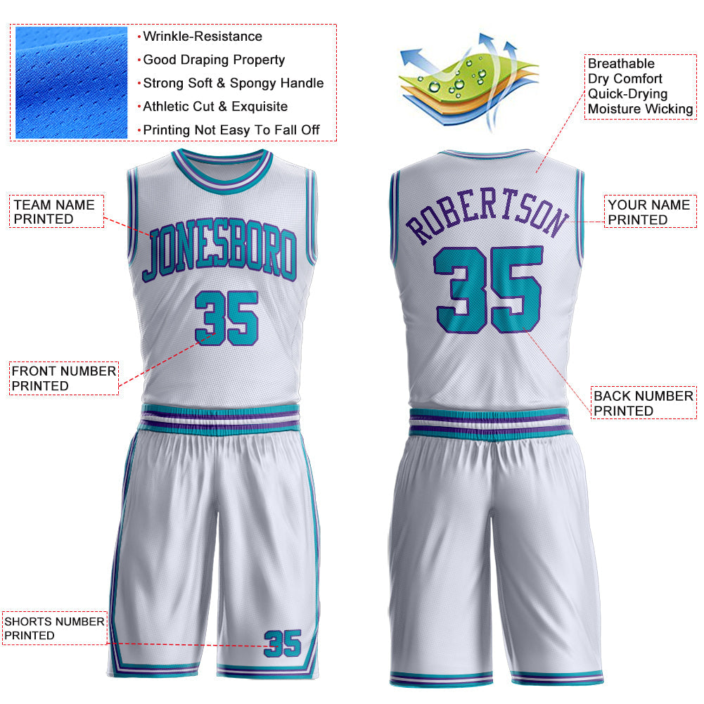 Custom White Teal-Purple Round Neck Basketball Uniform Jersey view 4