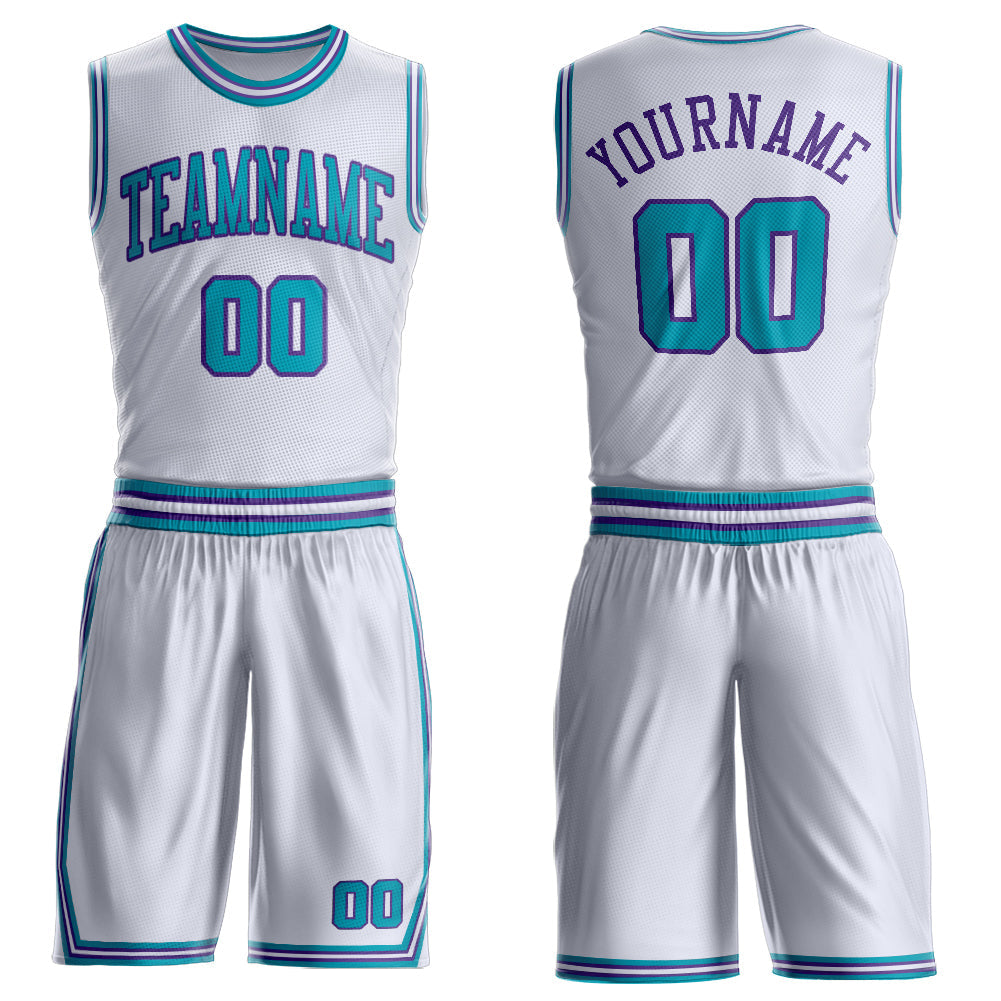 Custom White Teal-Purple Round Neck Basketball Uniform Jersey - Main View