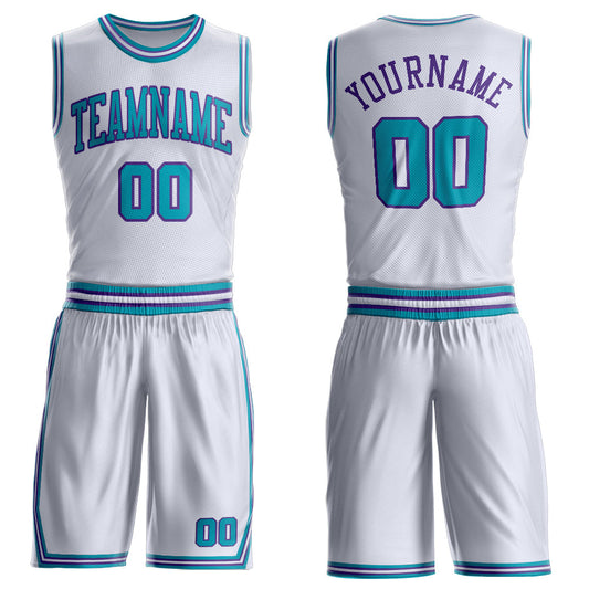 Custom White Teal-Purple Round Neck Basketball Uniform Jersey - Main View
