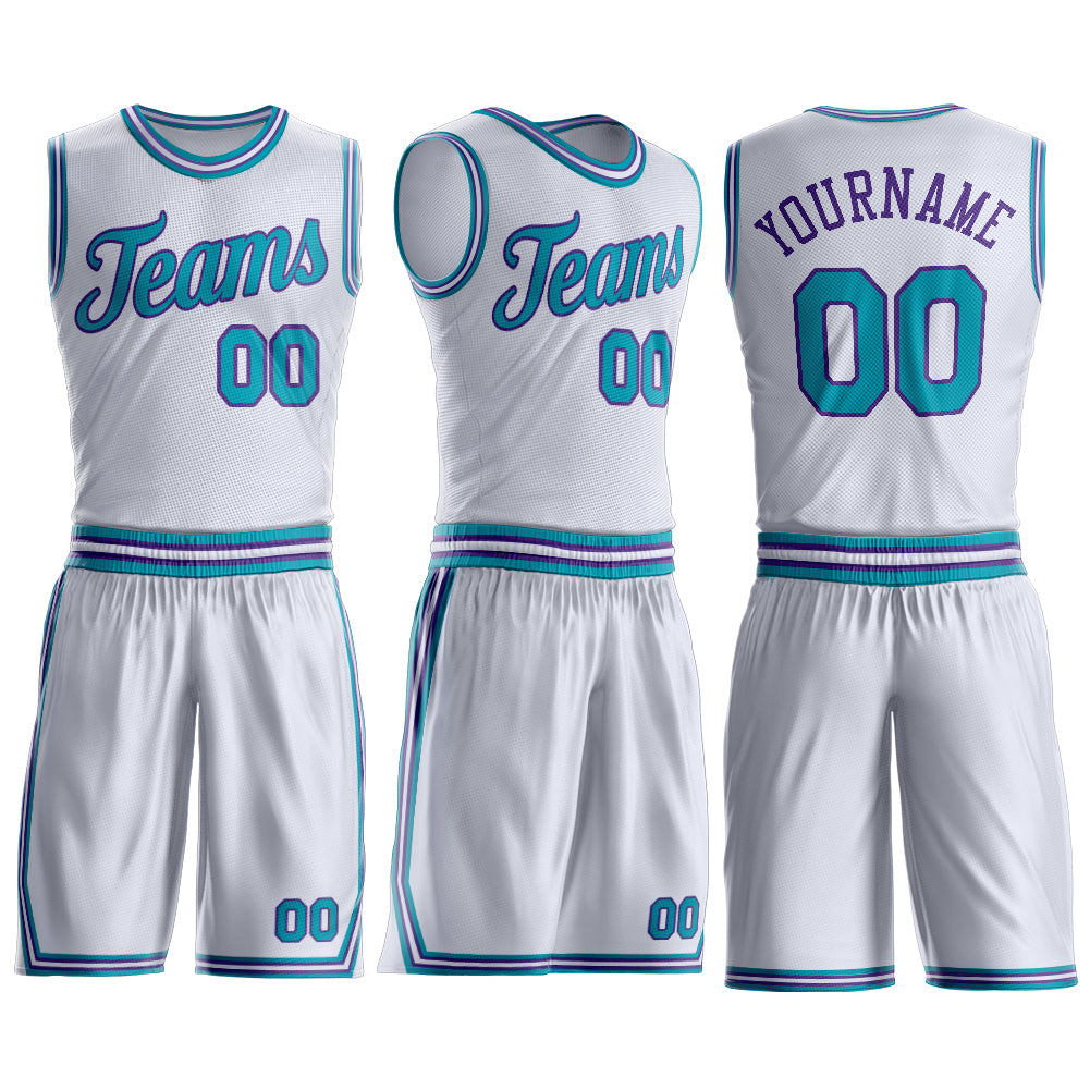 Custom White Teal-Purple Round Neck Basketball Uniform Jersey view 3
