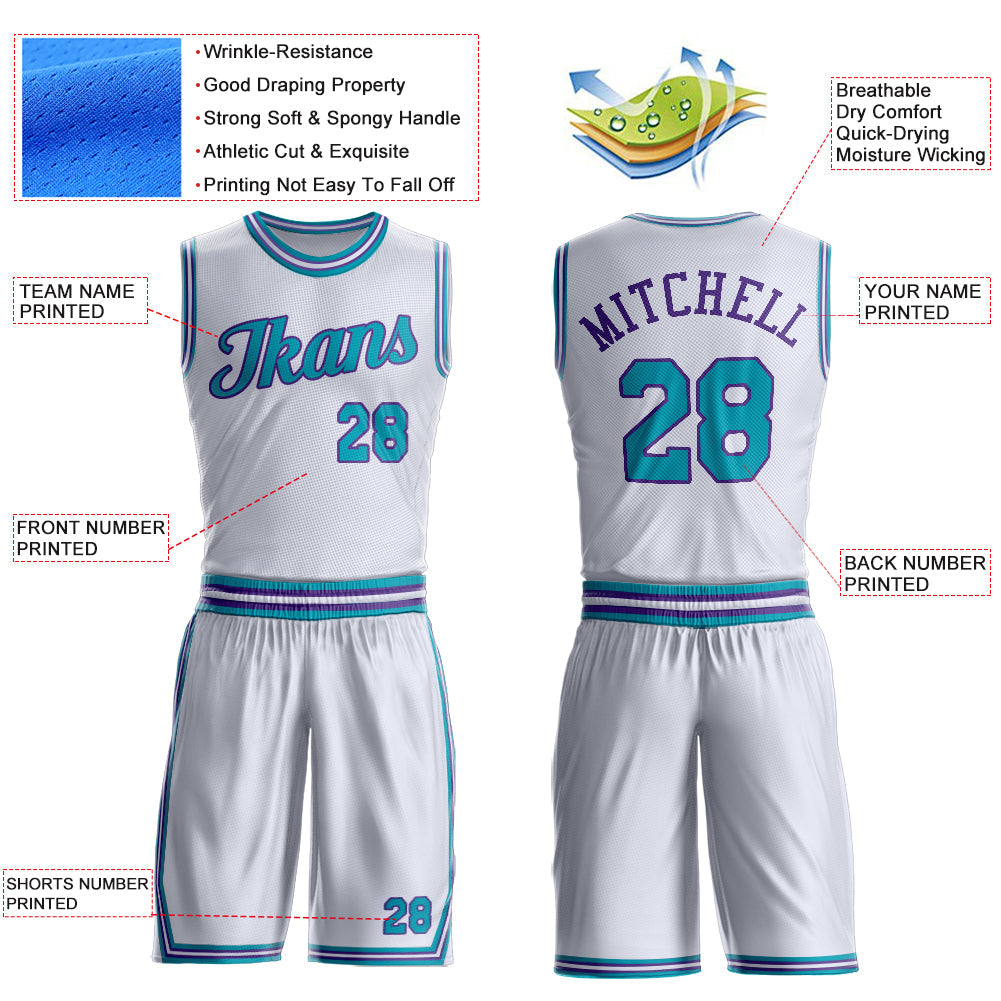 Custom White Teal-Purple Round Neck Basketball Uniform Jersey view 4