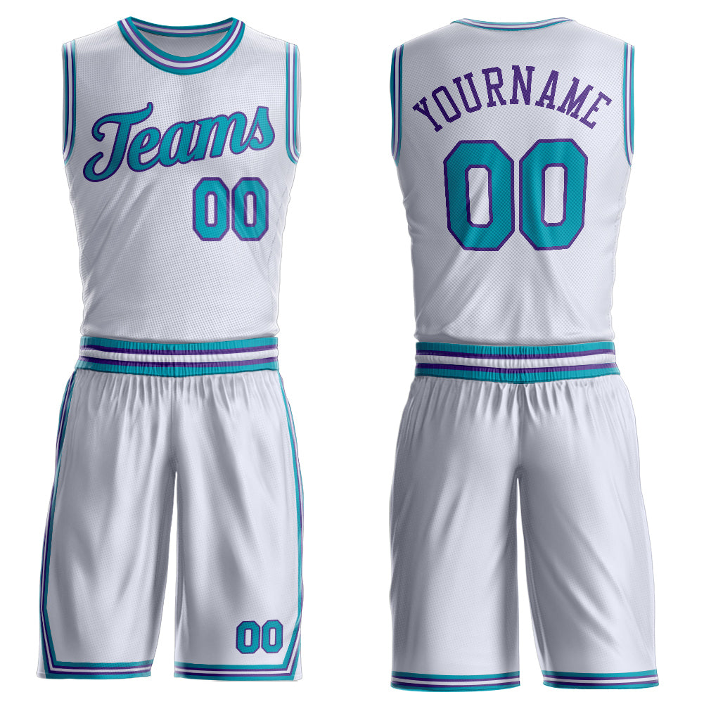 Custom White Teal-Purple Round Neck Basketball Uniform Jersey - Main View