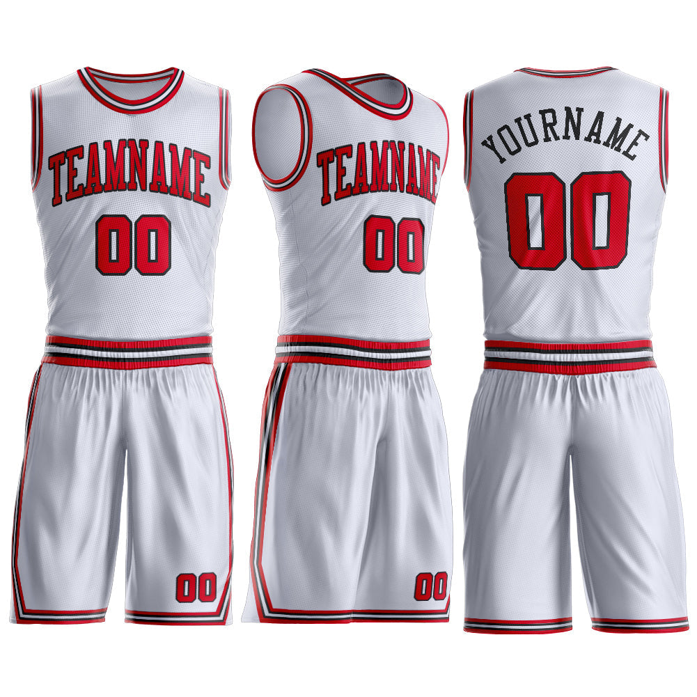 Custom White Red-Black Round Neck Basketball Uniform Jersey view 3