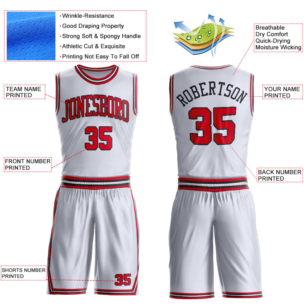 Custom White Red-Black Round Neck Basketball Uniform Jersey view 4