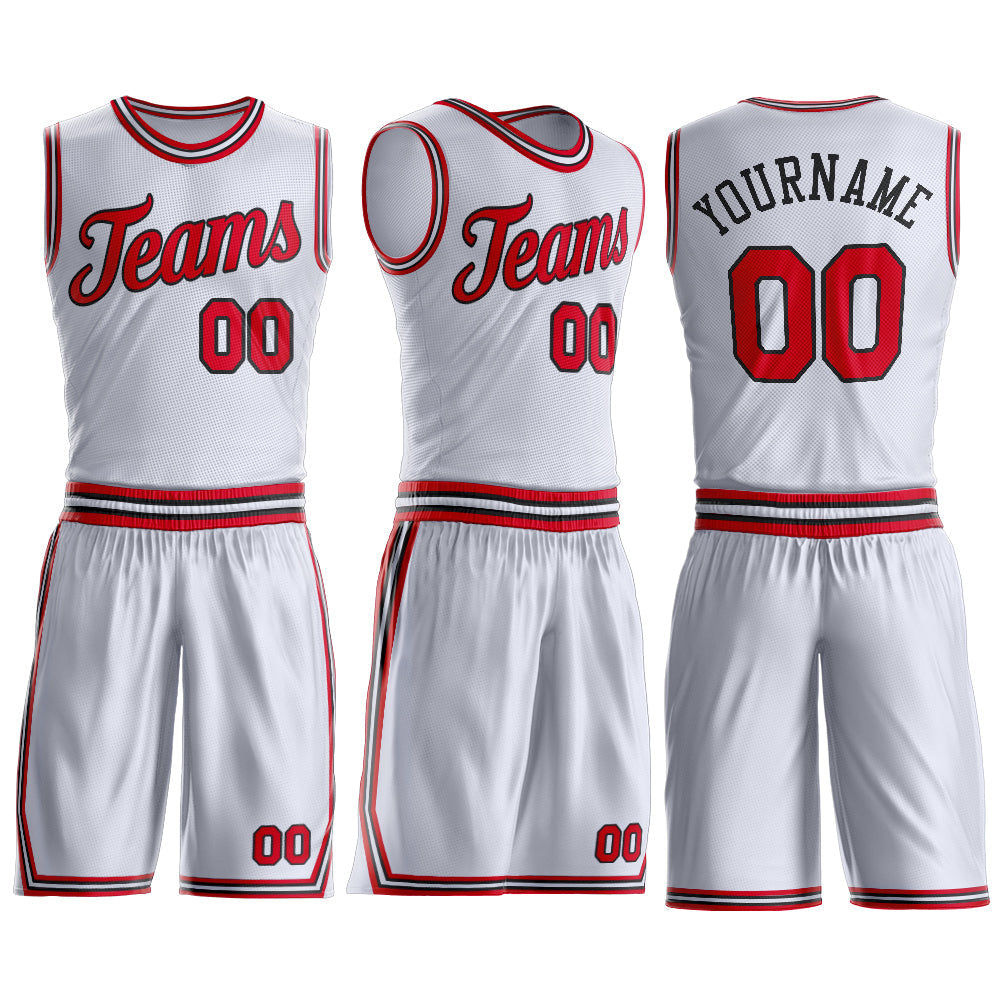 Custom White Red-Black Round Neck Basketball Uniform Jersey view 3