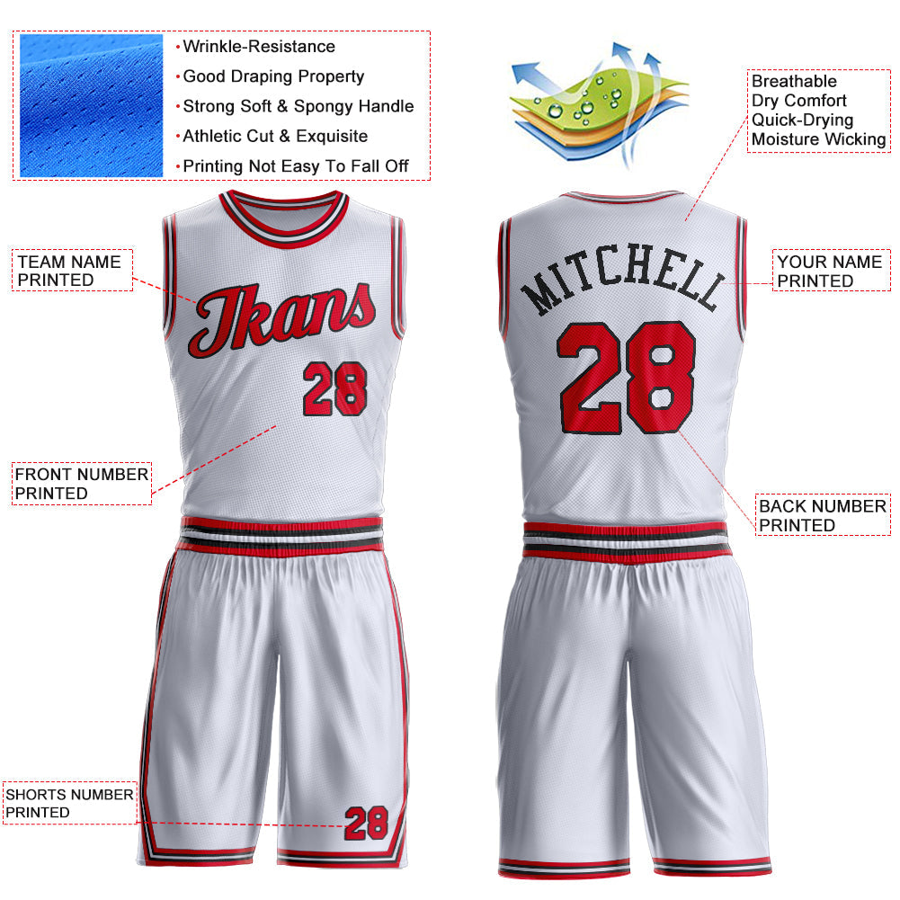 Custom White Red-Black Round Neck Basketball Uniform Jersey view 4