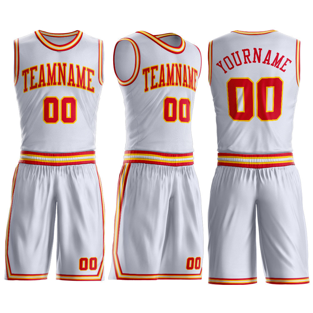 Custom White Red-Gold Round Neck Basketball Uniform Jersey view 3