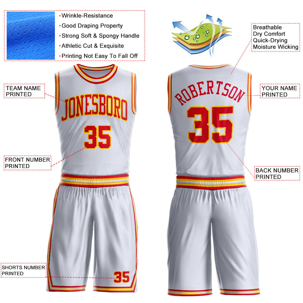 Custom White Red-Gold Round Neck Basketball Uniform Jersey view 4