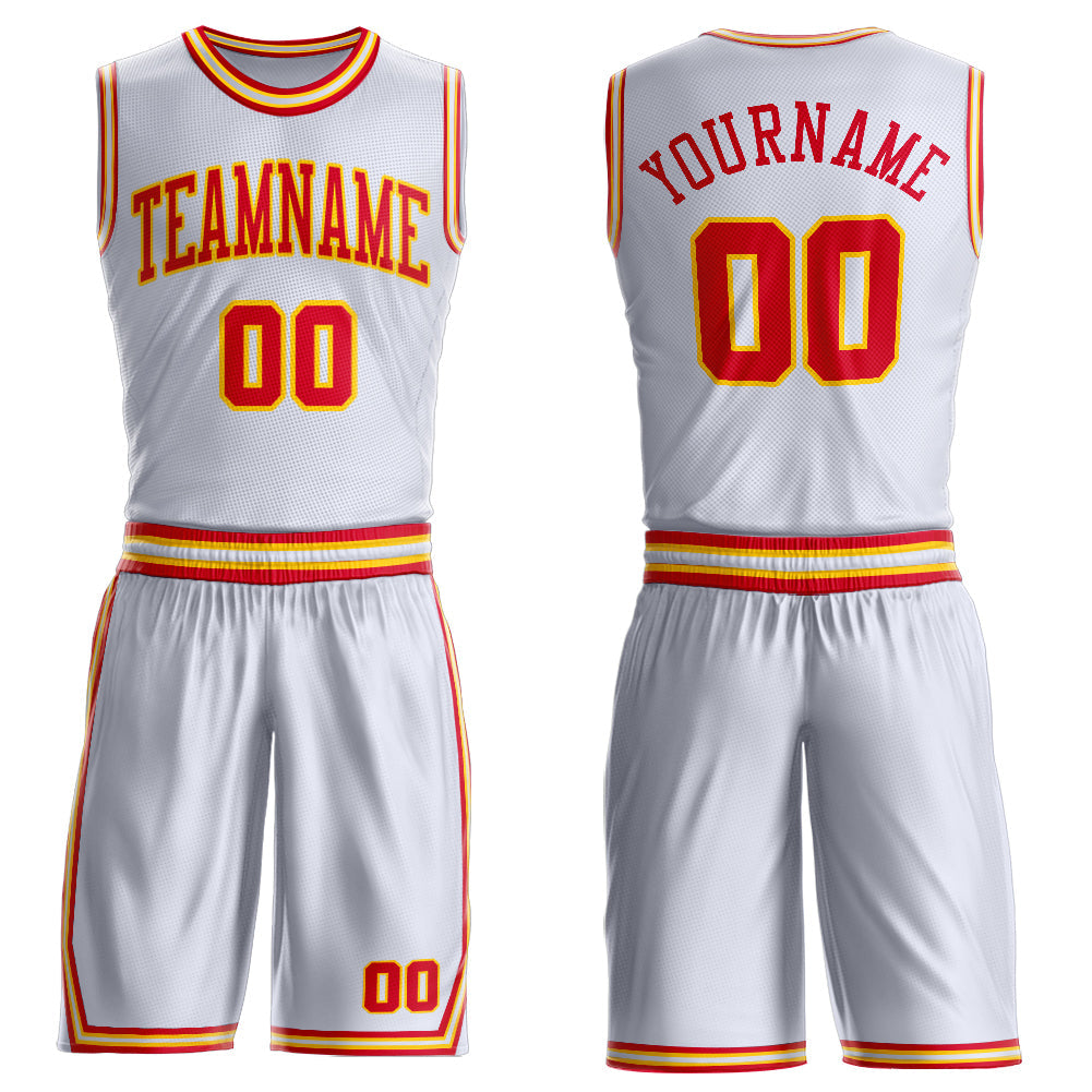 Custom White Red-Gold Round Neck Basketball Uniform Jersey - Main View