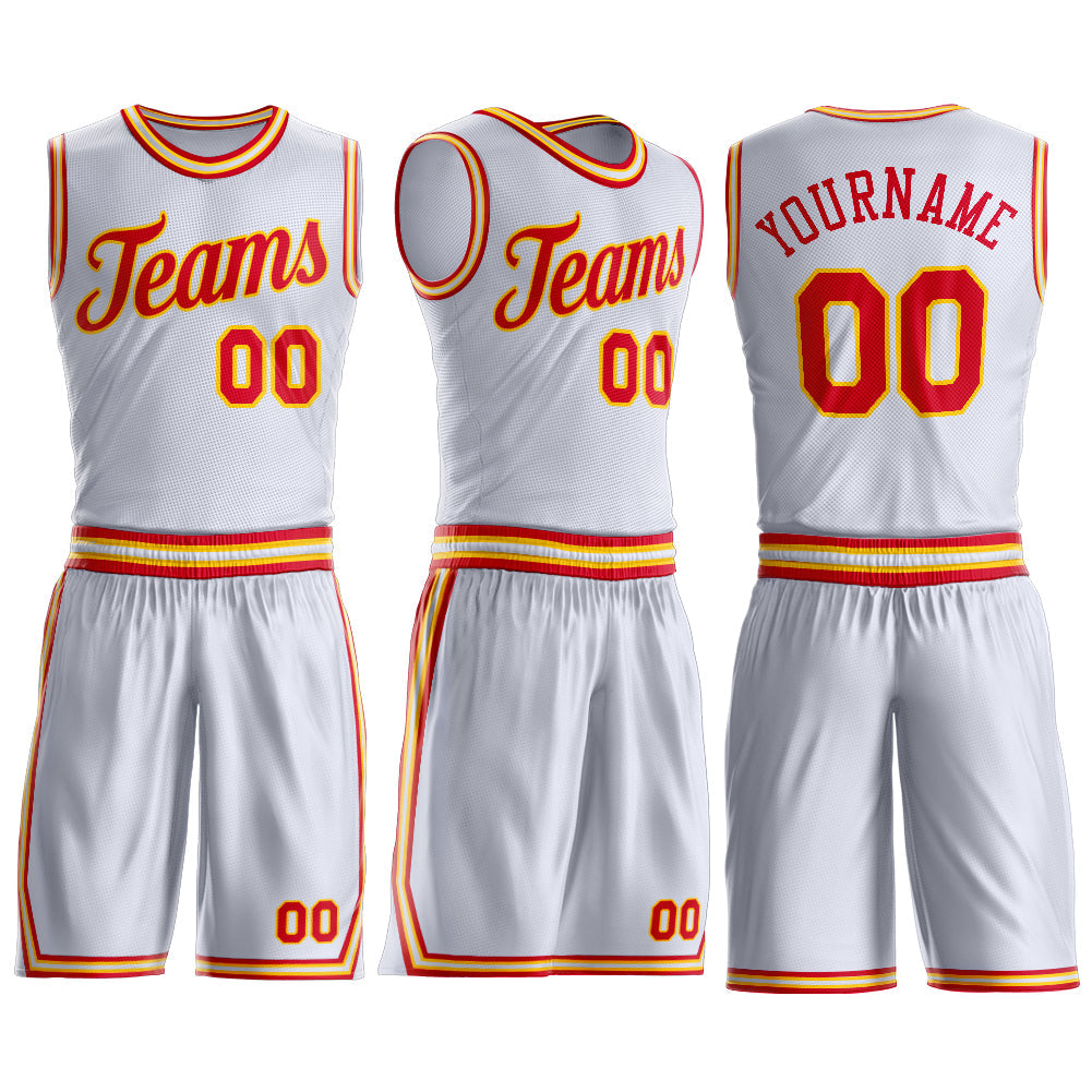 Custom White Red-Gold Round Neck Basketball Uniform Jersey view 3