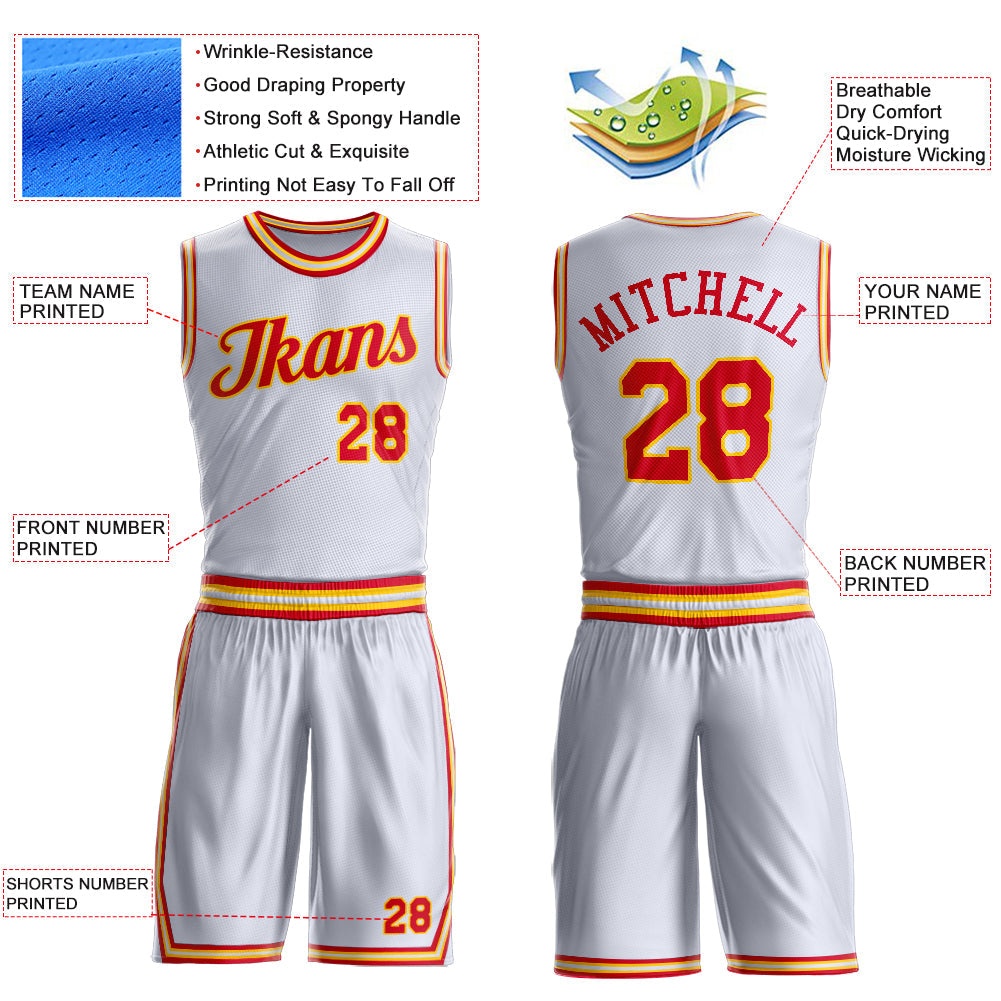 Custom White Red-Gold Round Neck Basketball Uniform Jersey view 4