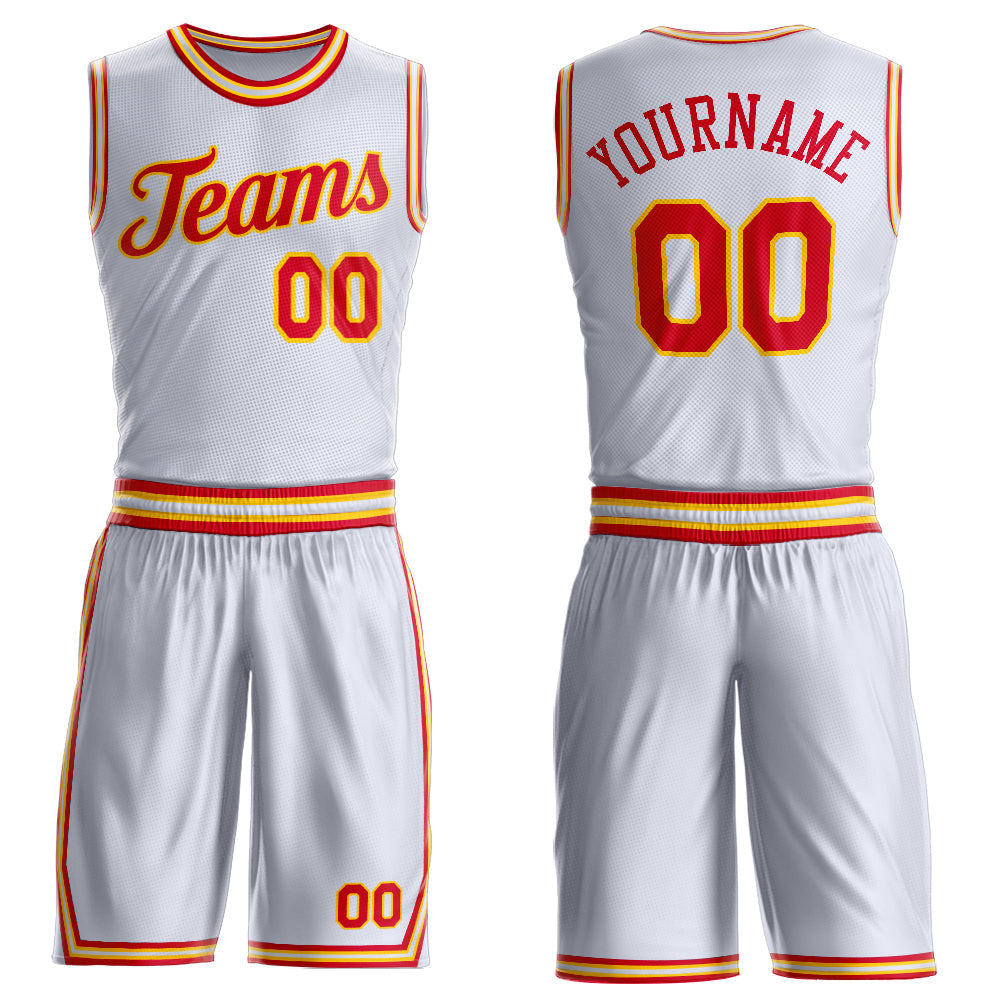 Custom White Red-Gold Round Neck Basketball Uniform Jersey - Main View