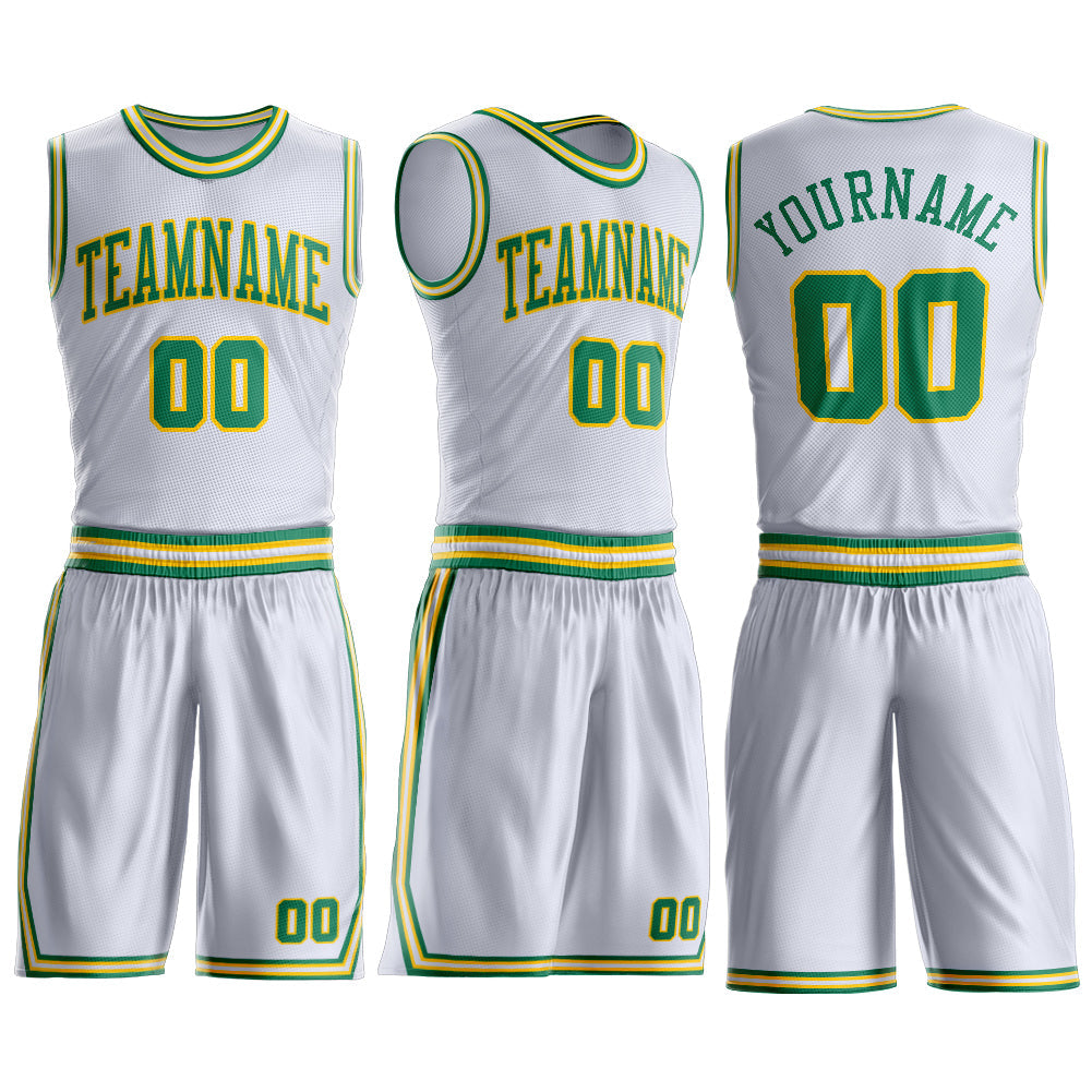 Custom White Kelly Green-Gold Round Neck Basketball Uniform Jersey view 3
