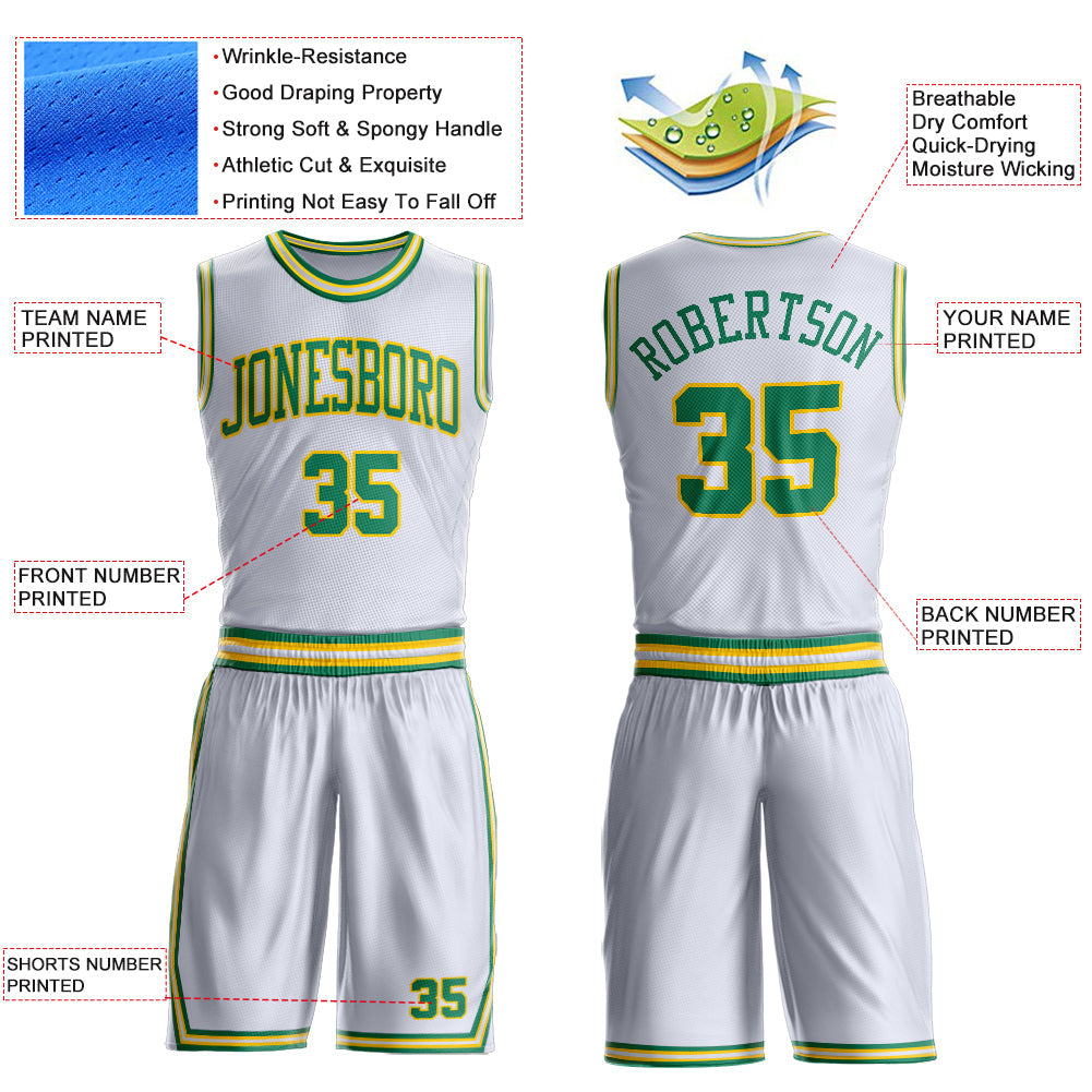 Custom White Kelly Green-Gold Round Neck Basketball Uniform Jersey view 4