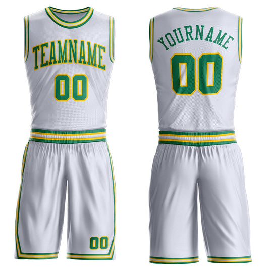 Custom White Kelly Green-Gold Round Neck Basketball Uniform Jersey - Main View