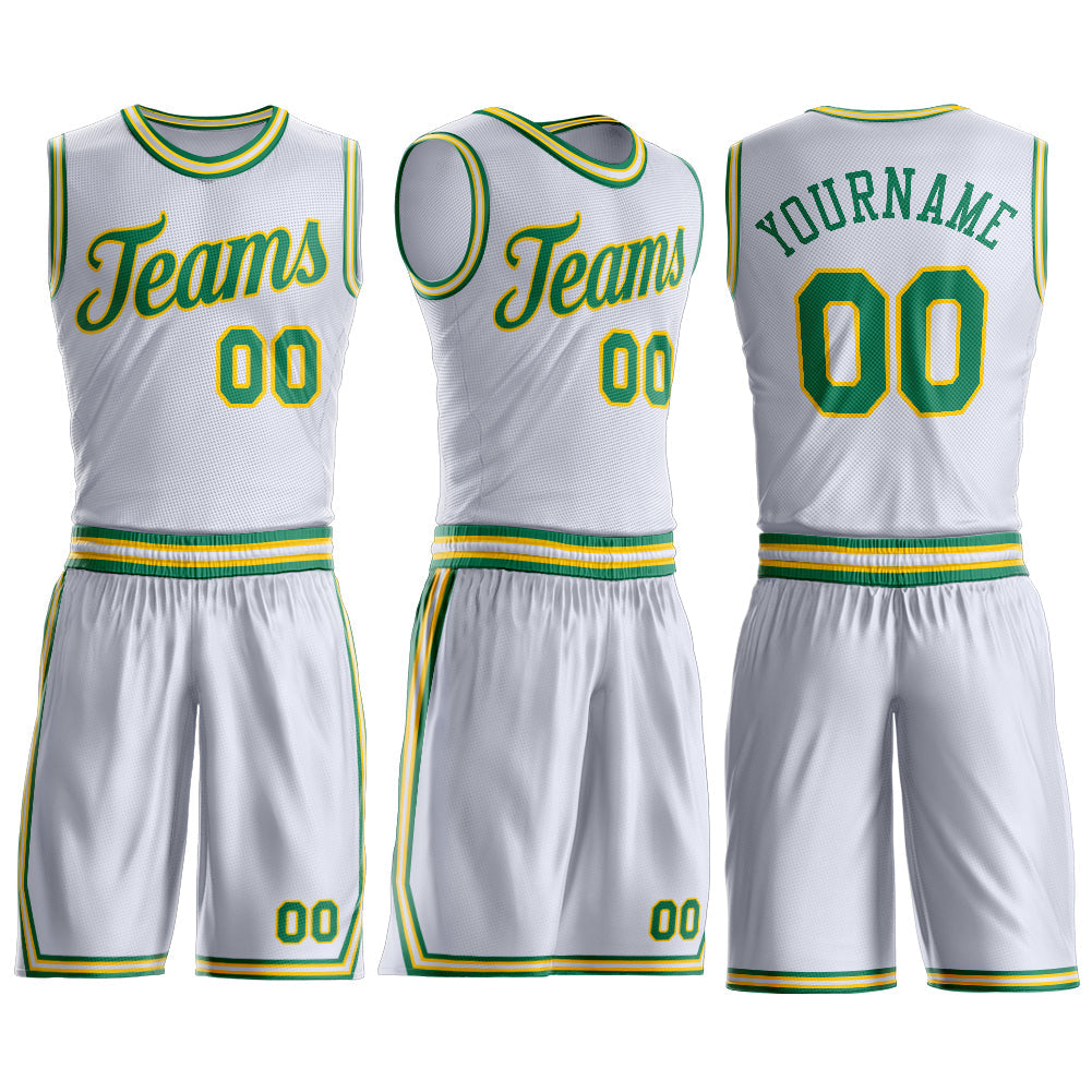 Custom White Kelly Green-Gold Round Neck Basketball Uniform Jersey view 3