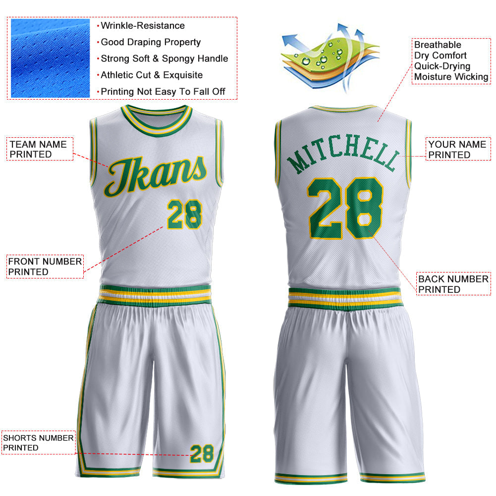 Custom White Kelly Green-Gold Round Neck Basketball Uniform Jersey view 4