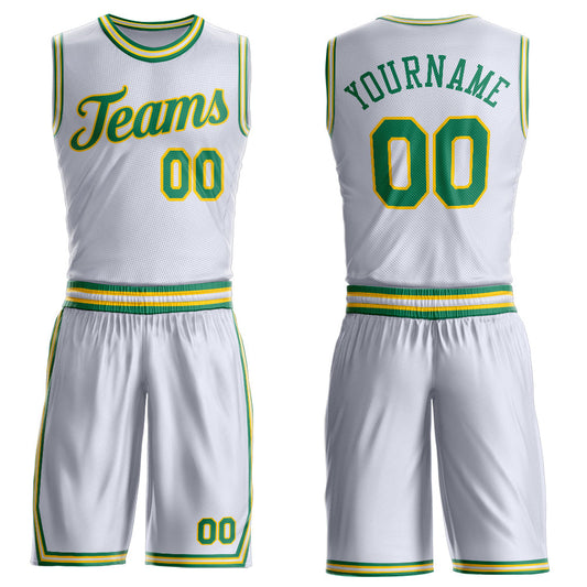 Custom White Kelly Green-Gold Round Neck Basketball Uniform Jersey - Main View