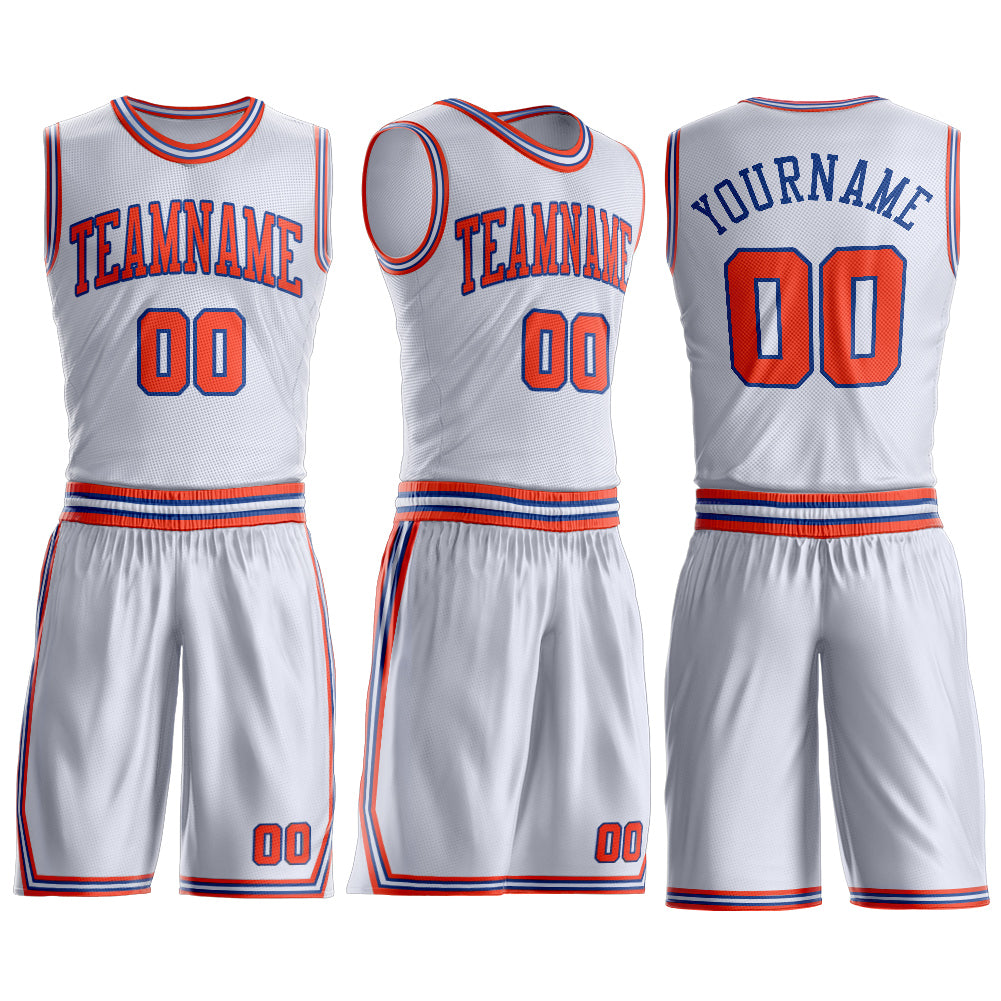 Custom White Orange-Royal Round Neck Basketball Uniform Jersey view 3