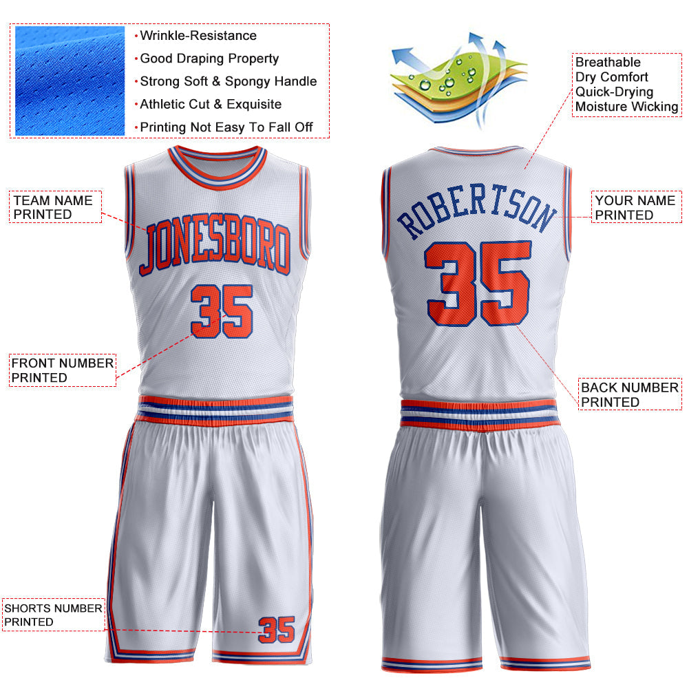 Custom White Orange-Royal Round Neck Basketball Uniform Jersey view 4