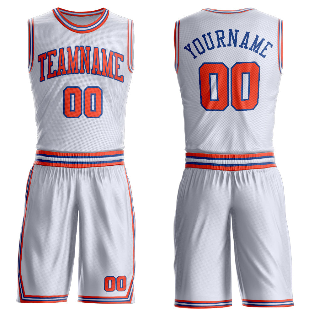 Custom White Orange-Royal Round Neck Basketball Uniform Jersey - Main View