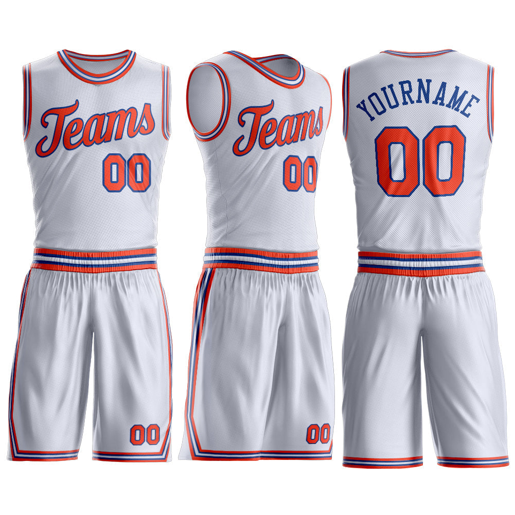 Custom White Orange-Royal Round Neck Basketball Uniform Jersey view 3