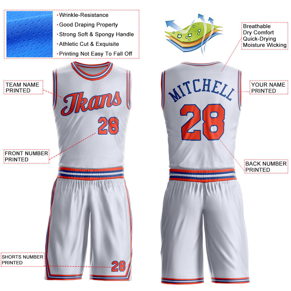 Custom White Orange-Royal Round Neck Basketball Uniform Jersey view 4