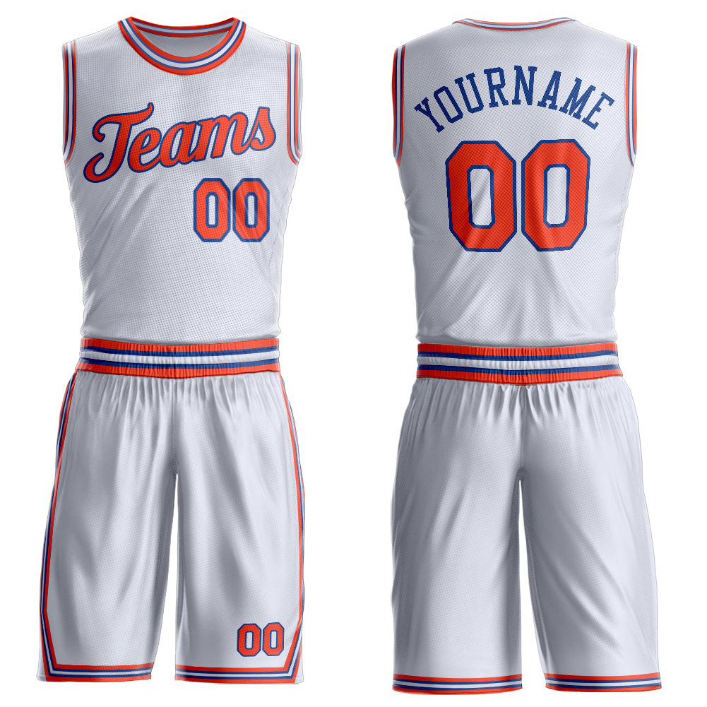 Custom White Orange-Royal Round Neck Basketball Uniform Jersey - Main View