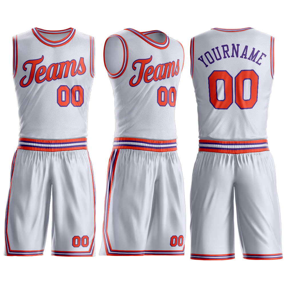 Custom White Orange-Purple Round Neck Basketball Uniform Jersey view 3