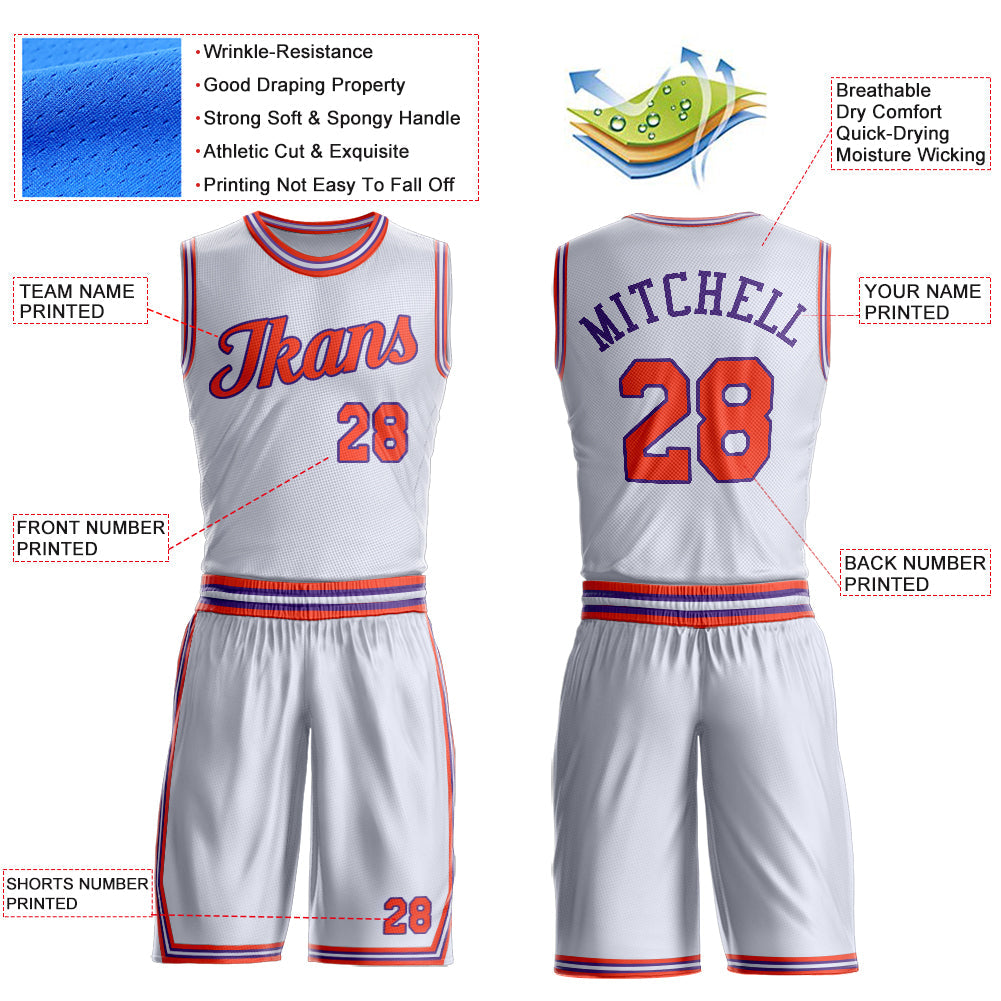 Custom White Orange-Purple Round Neck Basketball Uniform Jersey view 4