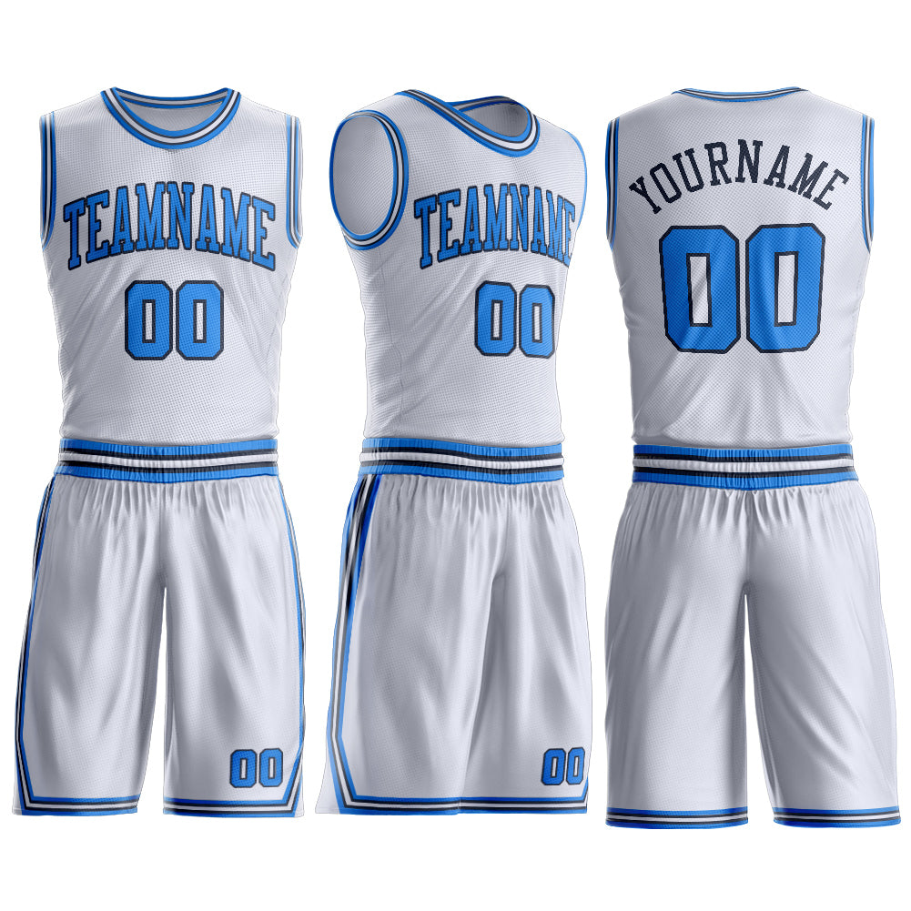 Custom White Powder Blue-Navy Round Neck Basketball Uniform Jersey view 3