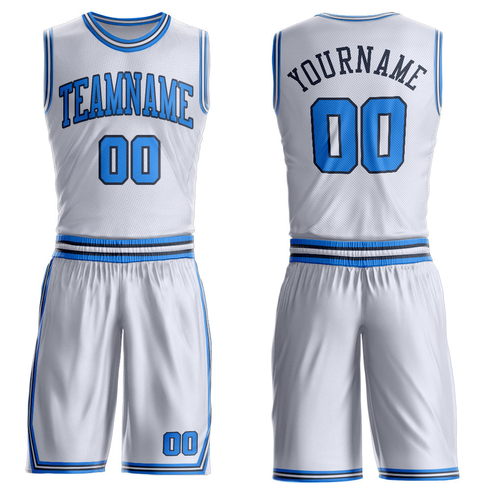 Custom White Powder Blue-Navy Round Neck Basketball Uniform Jersey - Main View