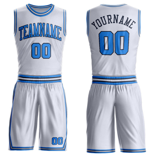 Custom White Powder Blue-Navy Round Neck Basketball Uniform Jersey - Main View