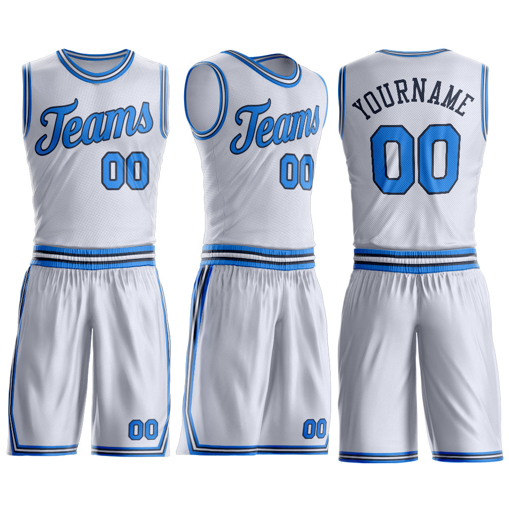 Custom White Powder Blue-Navy Round Neck Basketball Uniform Jersey view 3
