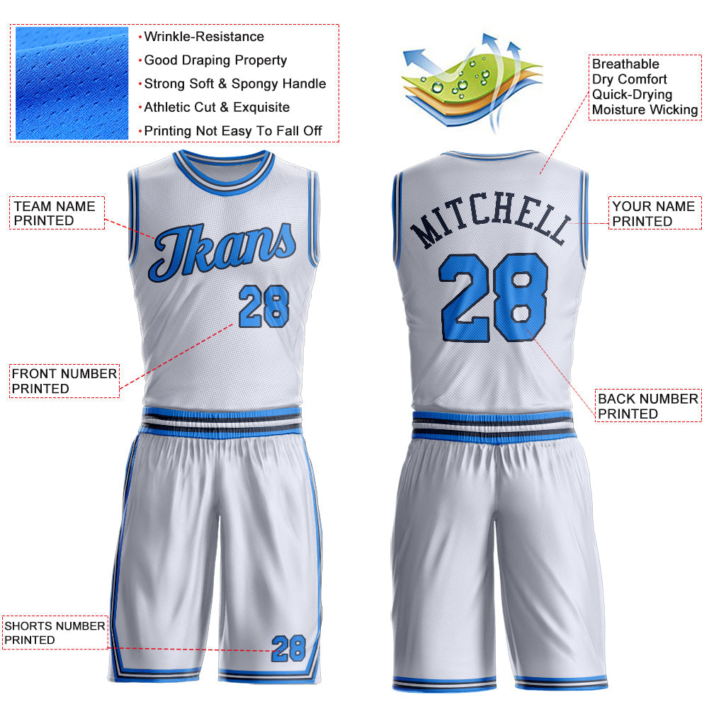 Custom White Powder Blue-Navy Round Neck Basketball Uniform Jersey view 4