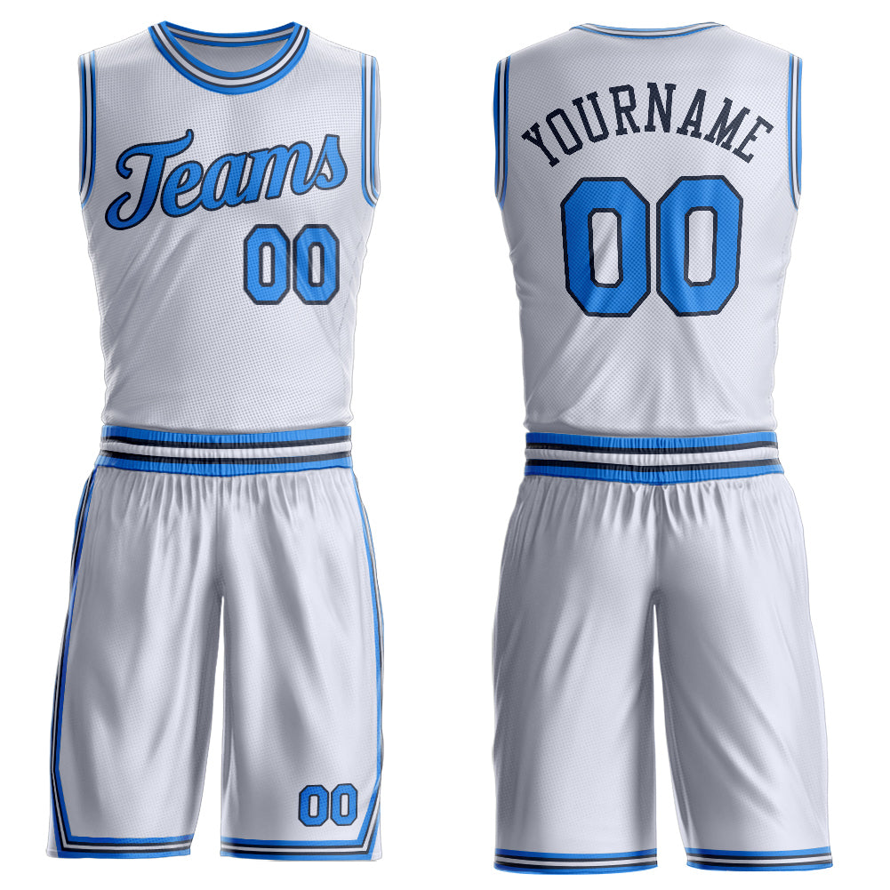 Custom White Powder Blue-Navy Round Neck Basketball Uniform Jersey - Main View