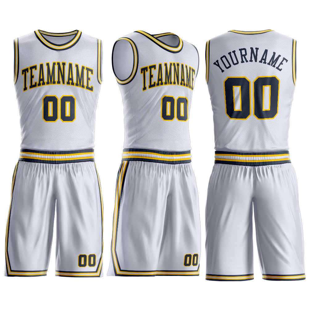 Custom White Navy-Gold Round Neck Basketball Uniform Jersey view 3