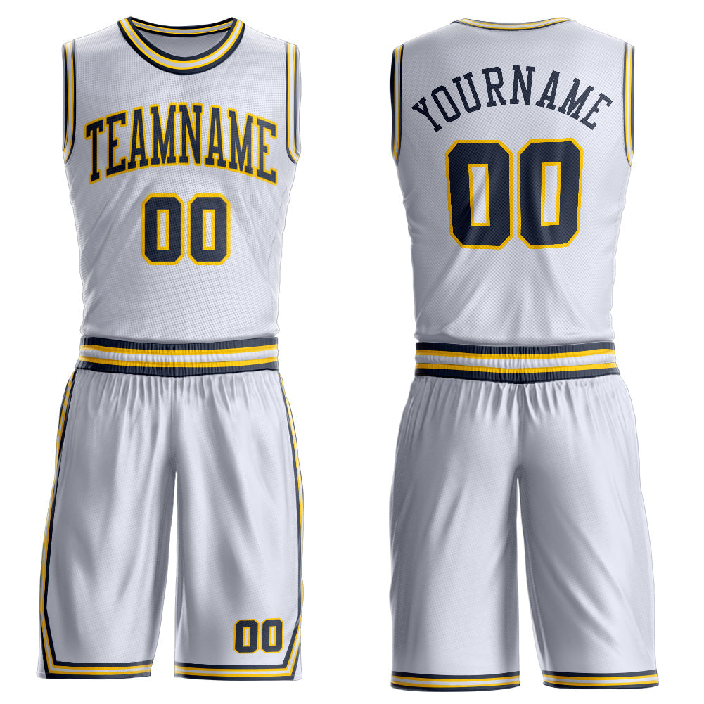Custom White Navy-Gold Round Neck Basketball Uniform Jersey - Main View
