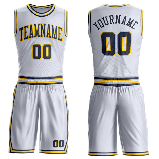 Custom White Navy-Gold Round Neck Basketball Uniform Jersey - Main View