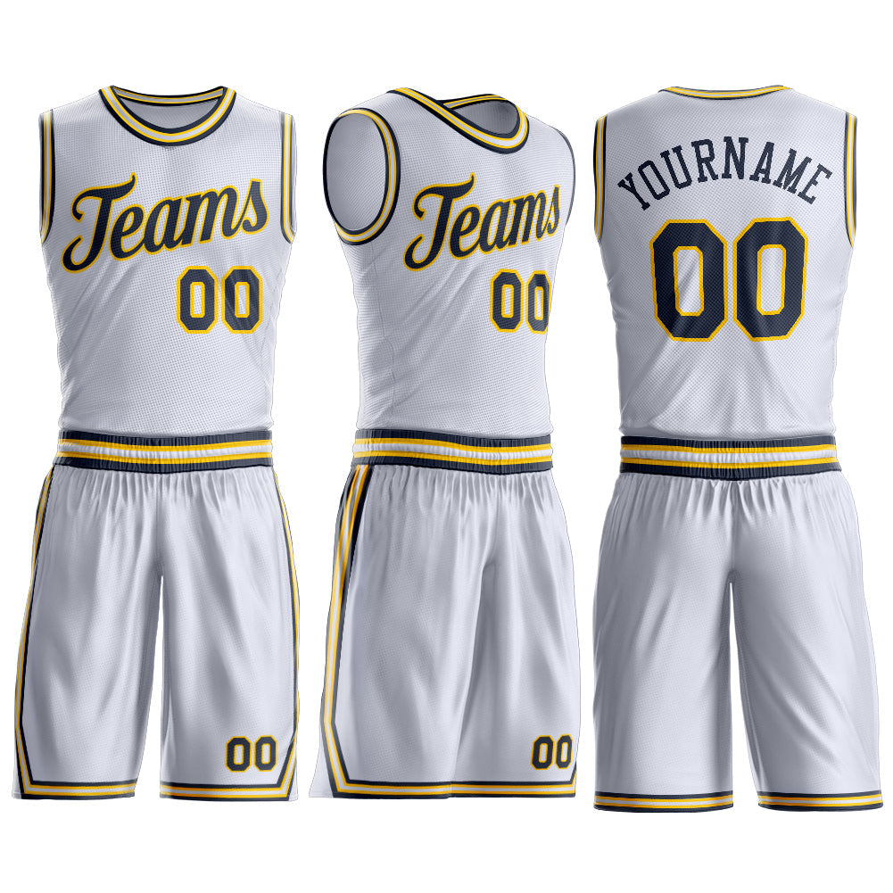 Custom White Navy-Gold Round Neck Basketball Uniform Jersey view 3