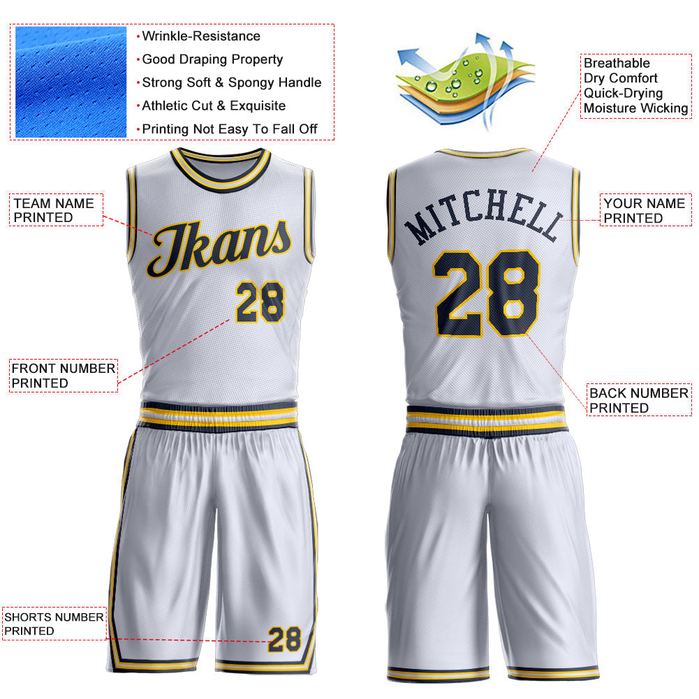 Custom White Navy-Gold Round Neck Basketball Uniform Jersey view 4