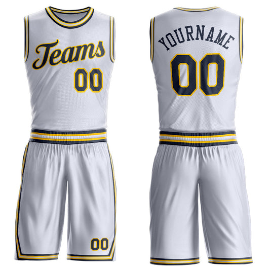 Custom White Navy-Gold Round Neck Basketball Uniform Jersey - Main View