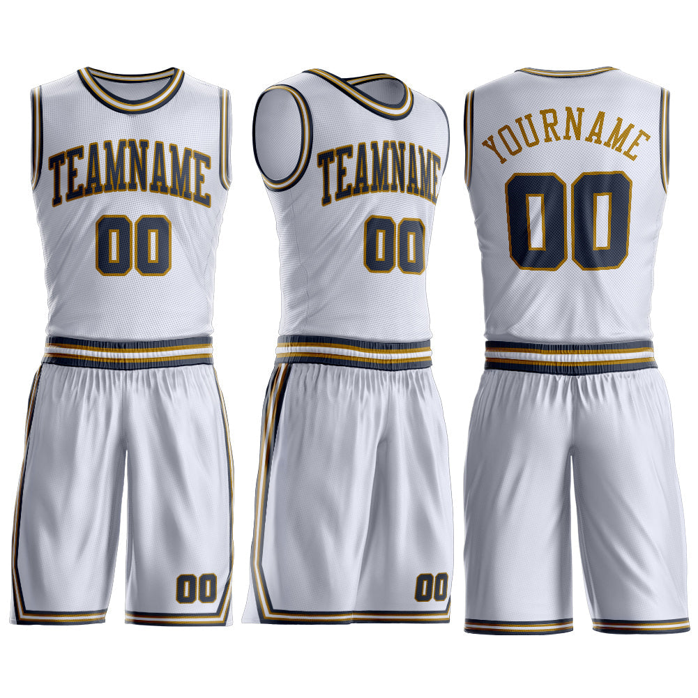 Custom White Navy-Old Gold Round Neck Basketball Uniform Jersey view 3